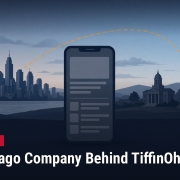 Fostoria News Illustration of a smartphone with Chicago skyline in background for TiffinOhio.net.